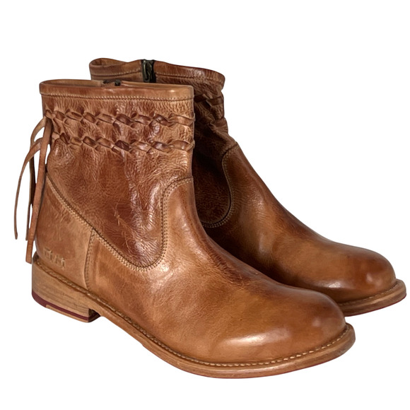 BED STU TAN CRAVEN LEATHER FRINGE WOVEN DETAILS ANKLE BOOTIES BOOTS SZ 8.5 - Picture 4 of 13